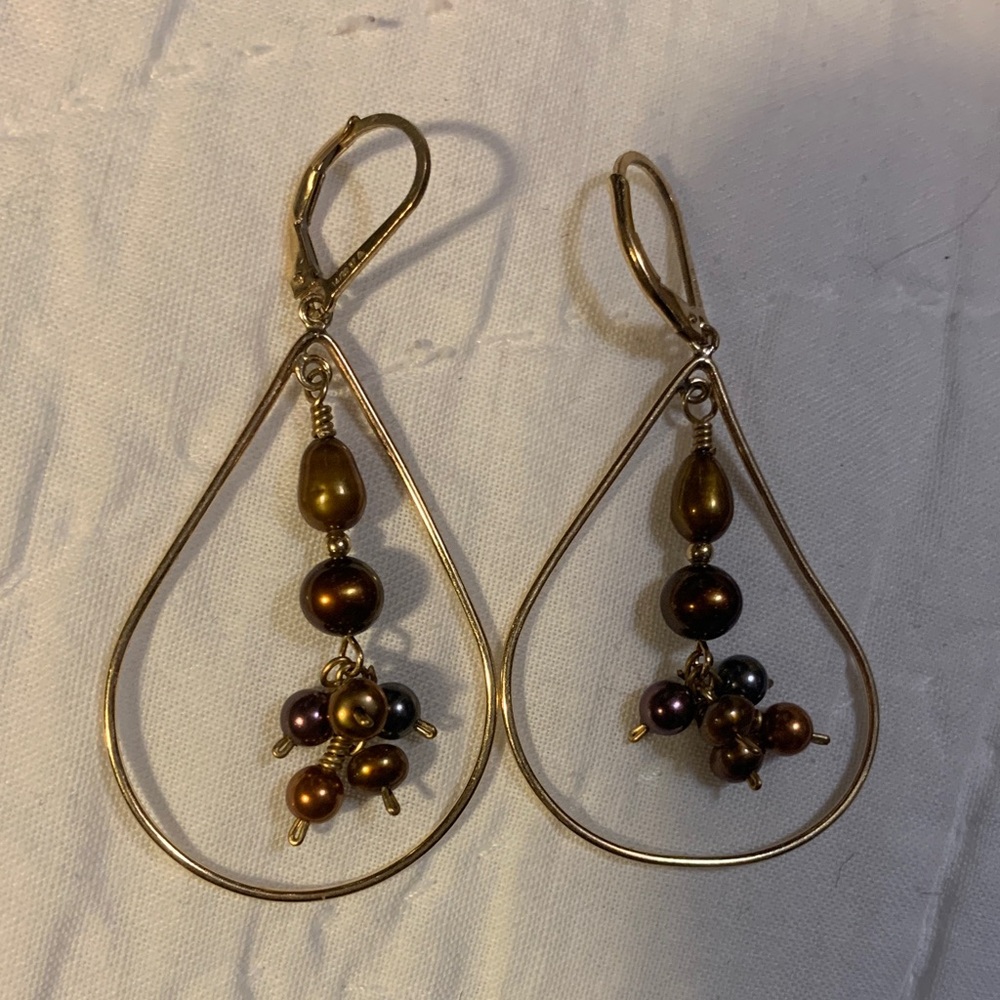 Elegant 14kt Gold Filled  and Brown  Pearls Dangle Earrings